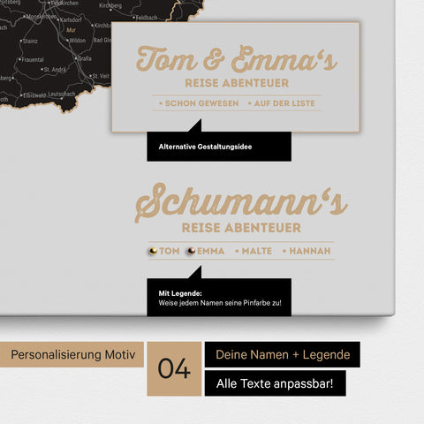 Pinnwand Leinwand einer DACH-Karte in Light Black mit Personalisierung als Logo mit Familiennamen