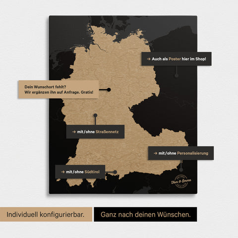 Vielfältige Konfigurationsmöglichkeiten einer DACH-Karte in Sonar Black (Schwarz-Gold)