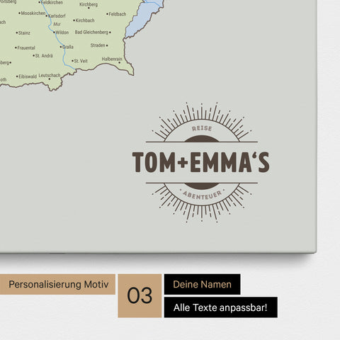 Politische DACH-Karte als Pinn-Leinwand in Multicolor Atlas mit eingedruckten Namen als Logo in Form einer Sonne