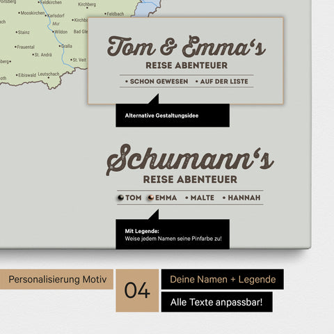 Pinnwand Leinwand einer politischen DACH-Karte in Multicolor Atlas mit Personalisierung als Logo mit Familiennamen