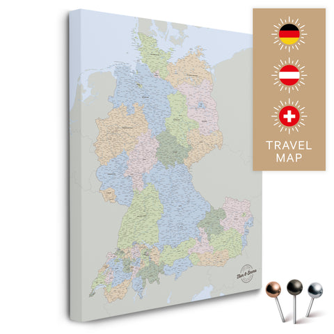 DACH-Landkarte in Multicolor Atlas als Pinnwand Leinwand zum Pinnen und Markieren von Reisezielen kaufen