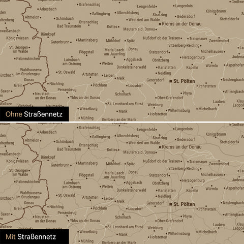 Vergleich einer DACH-Karte mit und ohne Straßennetz