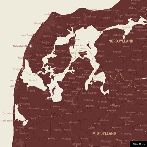 Dänemark-Karte TRAVEL® Pinn-Leinwand – Bordeaux Rot
