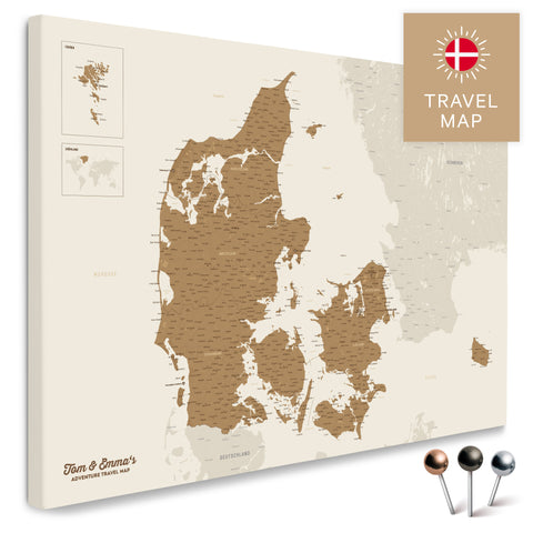 Dänemark-Karte in Bronze Pinn-Leinwand mit sehr hohem Detailgrad zum Markieren von Orten und Reisezielen kaufen