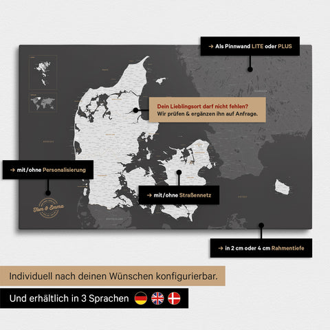 Vielfältige Konfigurationsmöglichkeiten einer Dänemark-Karte als Pinn-Leinwand in der Farbe Dunkelgrau