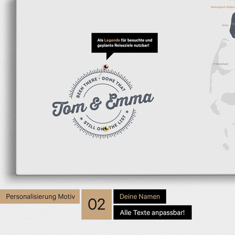Personalisierte Dänemark-Karte als Pinn-Leinwand in Denim Blue mit eingedruckten Namen und einer Legende zur Markierung von besuchten Orten