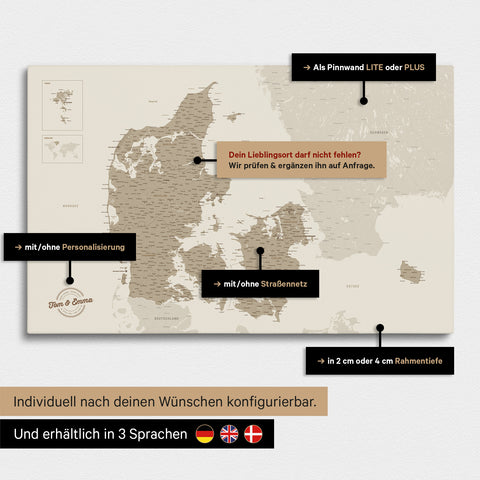Vielfältige Konfigurationsmöglichkeiten einer Dänemark-Karte als Pinn-Leinwand in der Farbe Desert Sand