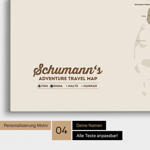 Detaillierte Dänemark-Karte als Pinn-Leinwand in Desert Sand mit Personalisierung als Logo für die gesamte Familie