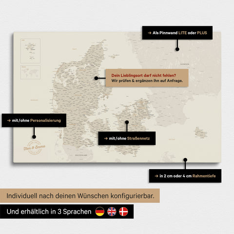 Vielfältige Konfigurationsmöglichkeiten einer Dänemark-Karte als Pinn-Leinwand in der Farbe Gold