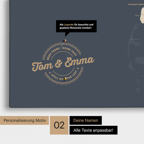 Personalisierte Dänemark-Karte als Pinn-Leinwand in Hale Navy mit eingedruckten Namen und einer Legende zur Markierung von besuchten Orten