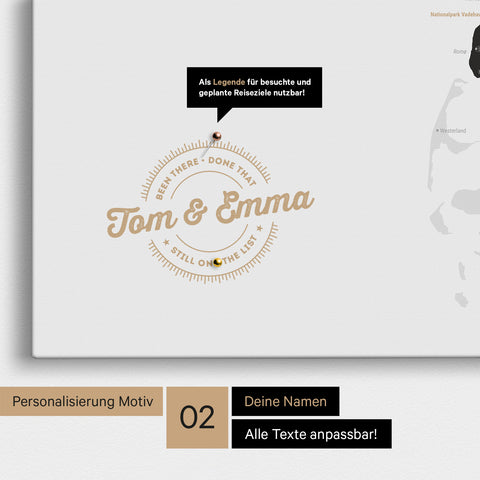 Personalisierte Dänemark-Karte als Pinn-Leinwand in Light Black mit eingedruckten Namen und einer Legende zur Markierung von besuchten Orten