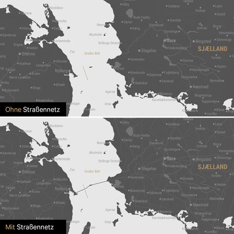 Dänemark-Karte Pinn-Leinwand in Light Gray mit optional  eingedrucktem Straßennetz aus Autobahnen und Landstraßen