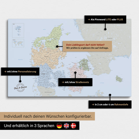 Vielfältige Konfigurationsmöglichkeiten einer politischen Dänemark-Karte als Pinn-Leinwand in der Farbe Multicolor Atlas