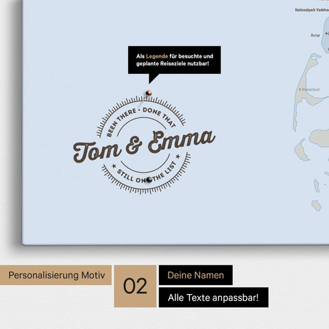 Personalisierte Dänemark-Karte als Pinn-Leinwand in Multicolor Atlas mit eingedruckten Namen und einer Legende zur Markierung von besuchten Orten