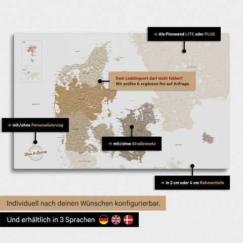 Vielfältige Konfigurationsmöglichkeiten einer Dänemark-Karte als Pinn-Leinwand in der Farbe Multicolor Beige