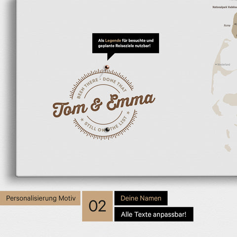 Personalisierte Dänemark-Karte als Pinn-Leinwand in Multicolor Beige mit eingedruckten Namen und einer Legende zur Markierung von besuchten Orten