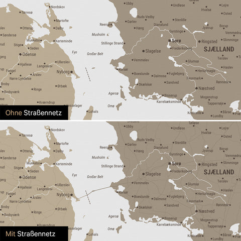 Dänemark-Karte Pinn-Leinwand in Multicolor Beige mit optional  eingedrucktem Straßennetz aus Autobahnen und Landstraßen