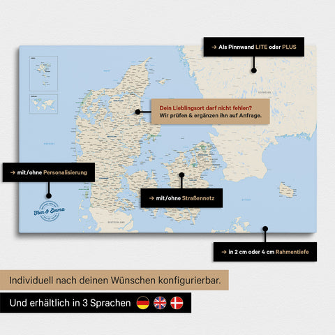 Vielfältige Konfigurationsmöglichkeiten einer Dänemark-Karte als Pinn-Leinwand in der Farbe Multicolor Classic