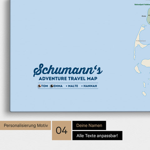 Detaillierte Dänemark-Karte als Pinn-Leinwand in Multicolor Classic mit Personalisierung als Logo für die gesamte Familie