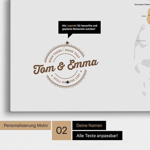 Personalisierte Dänemark-Karte als Pinn-Leinwand in Multicolor Sienna mit eingedruckten Namen und einer Legende zur Markierung von besuchten Orten