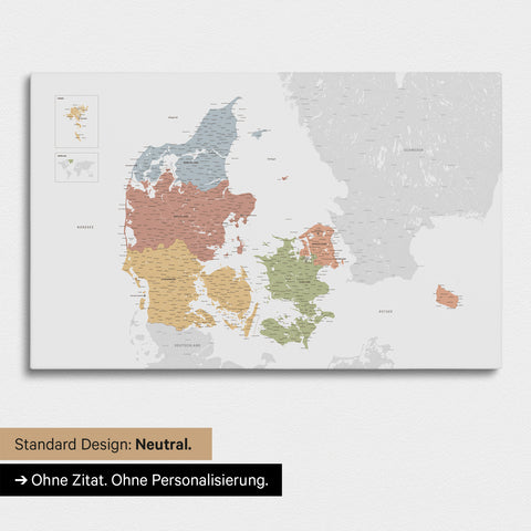 Neutrale Ausführung einer Dänemark-Karte als Pinn-Leinwand in der Farbe Multicolor Sienna