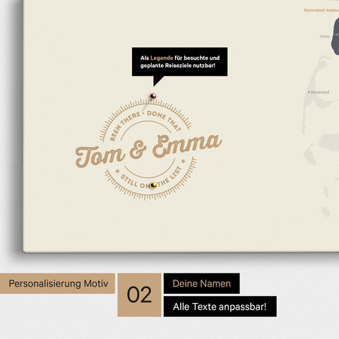 Personalisierte Dänemark-Karte als Pinn-Leinwand in Navy Light mit eingedruckten Namen und einer Legende zur Markierung von besuchten Orten