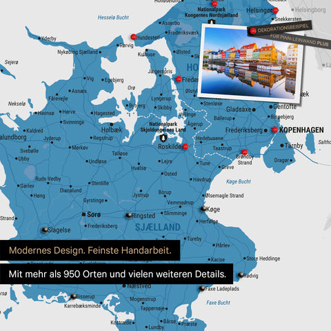 Ausschnitt einer Dänemark-Karte Pinn-Leinwand in der Farbe Blau zeigt Reiseziele rund um Kopenhagen, die mit Pins markiert sind