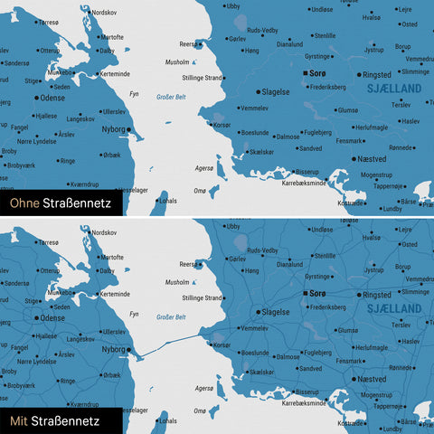 Dänemark-Karte Pinn-Leinwand in Blau mit optional  eingedrucktem Straßennetz aus Autobahnen und Landstraßen
