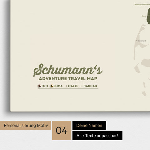 Detaillierte Dänemark-Karte als Pinn-Leinwand in Olive Green mit Personalisierung als Logo für die gesamte Familie