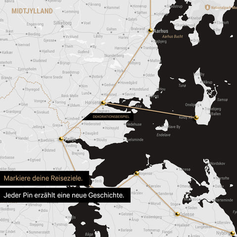 Detaillierte Dänemark-Karte als Pinn-Leinand in der Farbe Schwarz-Weiss, auf der Reiseziele in Midtjylland mit Pins markiert sind und eine Reiseroute mit Garn abgebildet ist