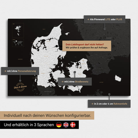 Vielfältige Konfigurationsmöglichkeiten einer Dänemark-Karte als Pinn-Leinwand in der Farbe Schwarz-Weiss
