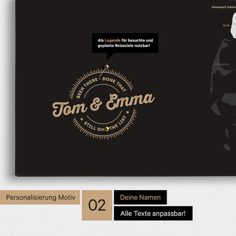 Personalisierte Dänemark-Karte als Pinn-Leinwand in Schwarz-Weiss mit eingedruckten Namen und einer Legende zur Markierung von besuchten Orten