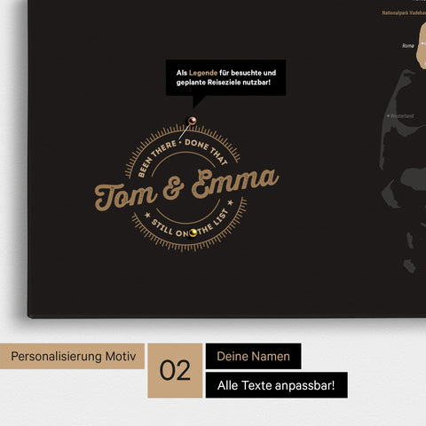 Personalisierte Dänemark-Karte als Pinn-Leinwand in Sonar Black mit eingedruckten Namen und einer Legende zur Markierung von besuchten Orten