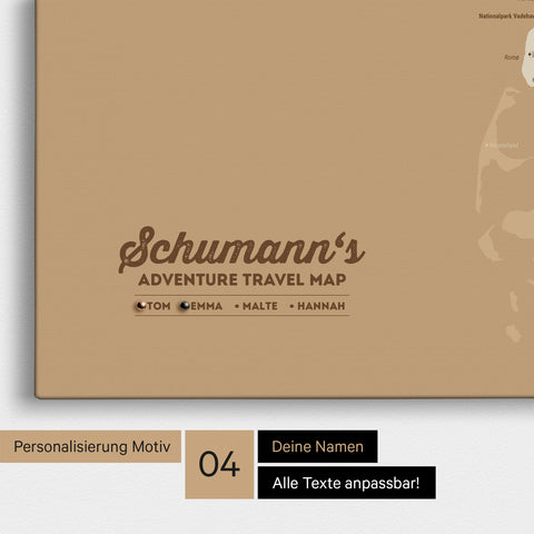 Detaillierte Dänemark-Karte als Pinn-Leinwand in Treasure Gold mit Personalisierung als Logo für die gesamte Familie