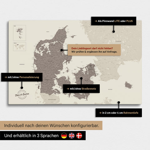 Vielfältige Konfigurationsmöglichkeiten einer Dänemark-Karte als Pinn-Leinwand in der Farbe Warmgray (Braun-Grau)