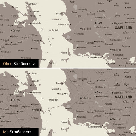 Dänemark-Karte Pinn-Leinwand in Warmgray (Braun-Grau) mit optional  eingedrucktem Straßennetz aus Autobahnen und Landstraßen