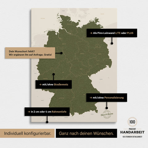 Vielfältige Konfigurationsmöglichkeiten einer Deutschland-Karte als Pinn-Leinwand in Olive Green