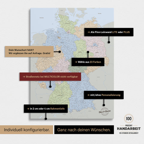 Vielfältige Konfigurationsmöglichkeiten einer Deutschland-Karte als Pinn-Leinwand in Multicolor Atlas (Politische Karte)