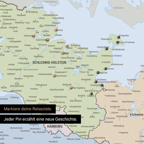 Detail einer Deutschland-Karte als Pinn-Leinand in Multicolor Atlas (Politische Karte) mit Pins in Schleswig-Holstein