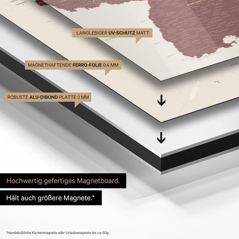 Deutschland-Karte auf magnethaftende Ferro-Folie gedruckt, auf Alu-Dibond-Tafel geklebt und mit UV-Schutz kaschiert