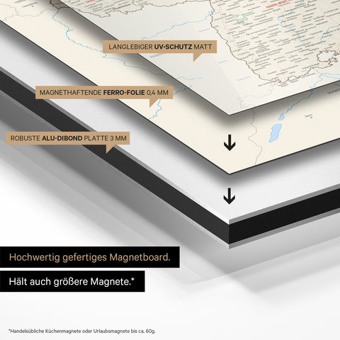 Deutschland-Karte auf magnethaftende Ferro-Folie gedruckt, auf Alu-Dibond-Tafel geklebt und mit UV-Schutz kaschiert