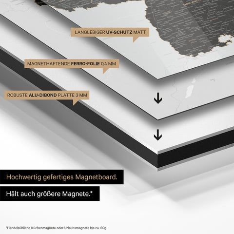 Deutschland-Karte auf magnethaftende Ferro-Folie gedruckt, auf Alu-Dibond-Tafel geklebt und mit UV-Schutz kaschiert