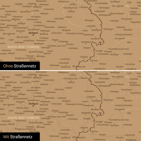 Magnetische Deutschland-Karte in Bronze mit optionalem Straßennetz von Autobahnen und Landstraßen