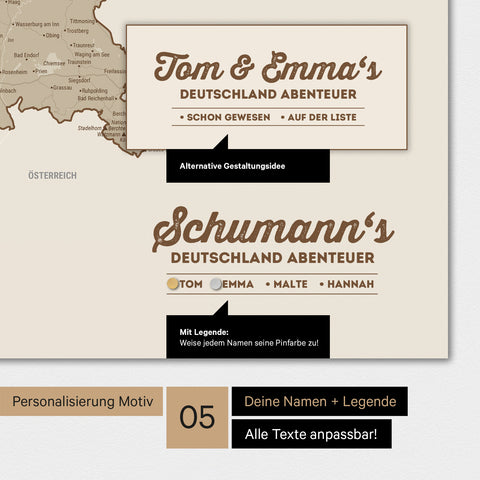 Magnetboard Deutschland-Karte in Desert Sand mit Personalisierung als Logo mit Familiennamen