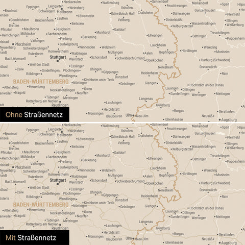 Magnetische Deutschland-Karte in Gold mit optionalem Straßennetz von Autobahnen und Landstraßen