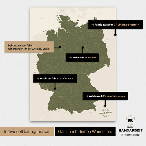 Übersicht über die vielfältigen Konfigurationsmöglichkeiten einer magnetischen Deutschland-Karte als Magnetboard in Olive Green, von der Auswahl des Aufhänge-Systems über Farben bis zum Detailgrad