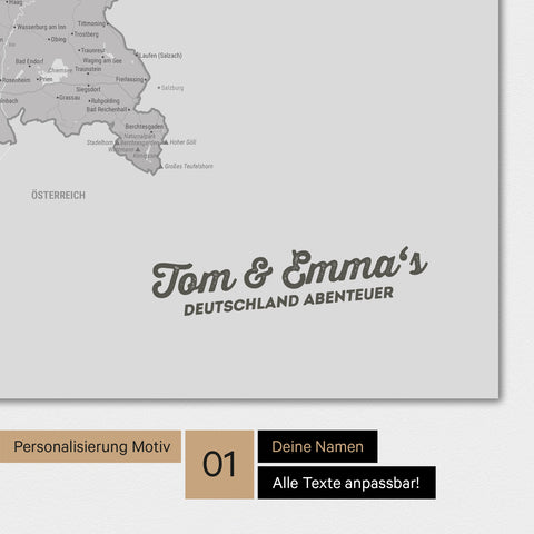 Magnetische Deutschland-Karte als Magnetboard in Hellgrau mit Personalisierung und eigedruckten Namen