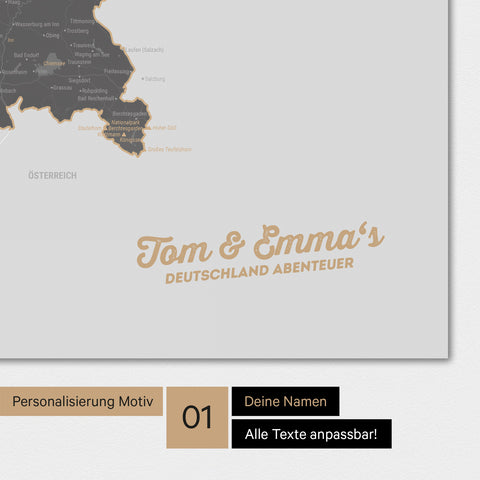 Magnetische Deutschland-Karte als Magnetboard in Light Gray mit Personalisierung und eigedruckten Namen