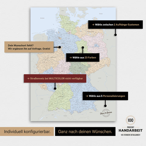 Übersicht über die vielfältigen Konfigurationsmöglichkeiten einer magnetischen Deutschland-Karte als Magnetboard in Multicolor Atlas, von der Auswahl des Aufhänge-Systems über Farben bis zum Detailgrad