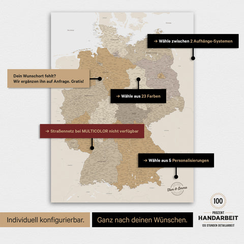 Übersicht über die vielfältigen Konfigurationsmöglichkeiten einer magnetischen Deutschland-Karte als Magnetboard in Multicolor Beige, von der Auswahl des Aufhänge-Systems über Farben bis zum Detailgrad